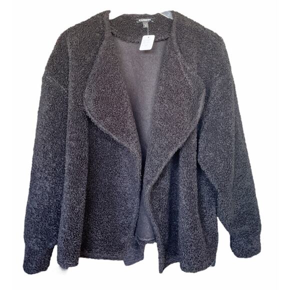 Express Cozy Black Sherpa Flyaway Open Jacket Size Medium - Picture 5 of 9